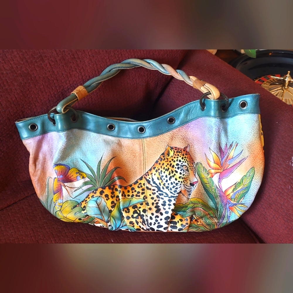 Genuine Anuschka Leather Handbag Shoulder Bag Purse Leopard and Flowers